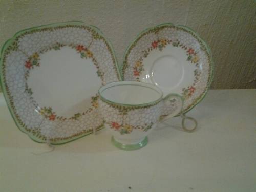 pretty vintage green bell china tea cup trio