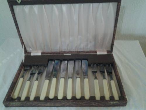 Boxed vintage bone handle fish knife and forks
