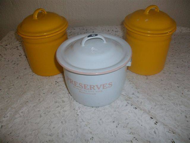 Three vintage..?? enamel containers