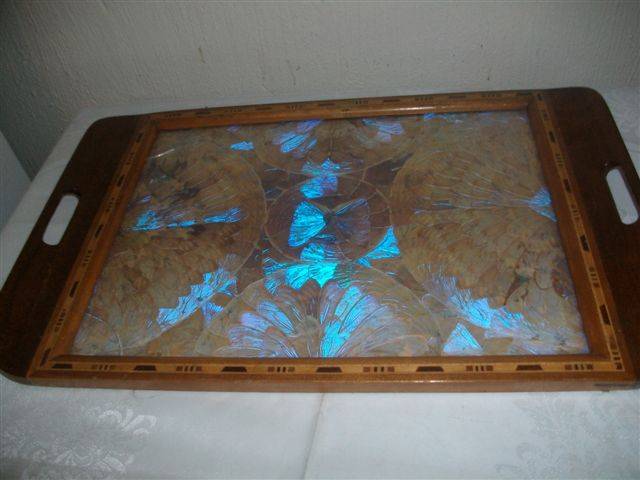 lovely butterfly wooden vintage tray - glass damaged