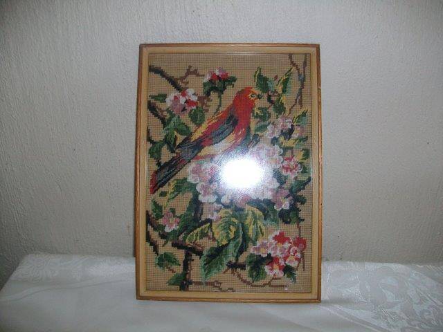 lot  two medium sized framed bird tapestry behind glass
