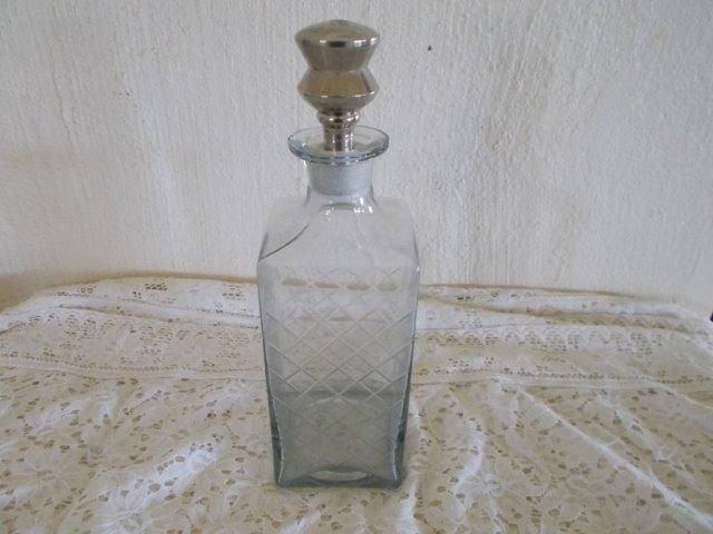 Lot 2 vintage glass crystal ? decanter with a sliver plated chrome top