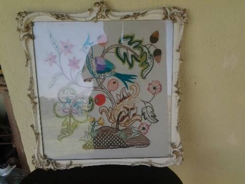 stunning ornate vintage wooden painted frame with colorful bird/pheasent taperstry behind glass