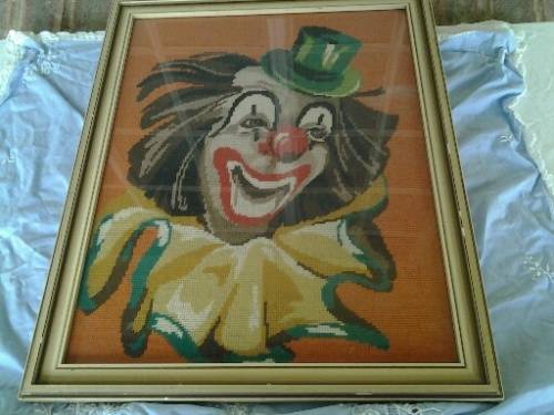 nice framed behind glass stunning clown taperstry