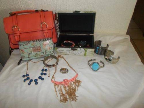 nice job lot of a handbag a purse trinket box and costume jewerely all one bid