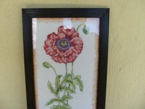 Single red floarl  taperstry framed behind glass