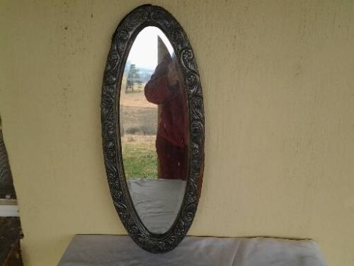 stunning vintage oval wooden and pewter over lay wall mirror