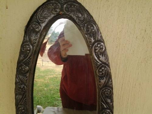 stunning vintage oval wooden and pewter over lay wall mirror