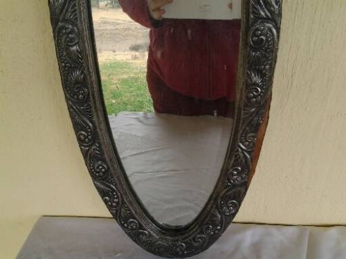 stunning vintage oval wooden and pewter over lay wall mirror