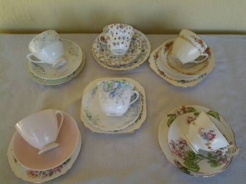 set of six pretty mix and match porcelain tea cup trios