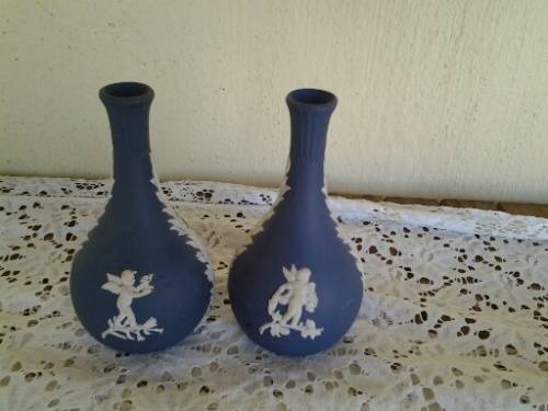 A pair of dark blue porcelain vintage Wedgwood vases