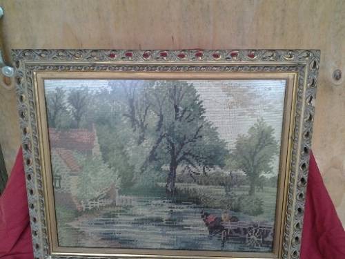 lot two beautifully framed behind glass a vintage country scene of a tapestry