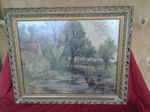lot two beautifully framed behind glass a vintage country scene of a tapestry