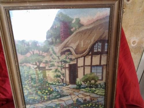 framed behind glass vintage cottage scene tapestry