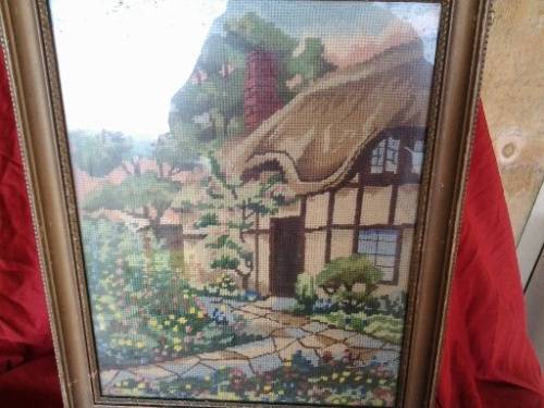 framed behind glass vintage cottage scene tapestry