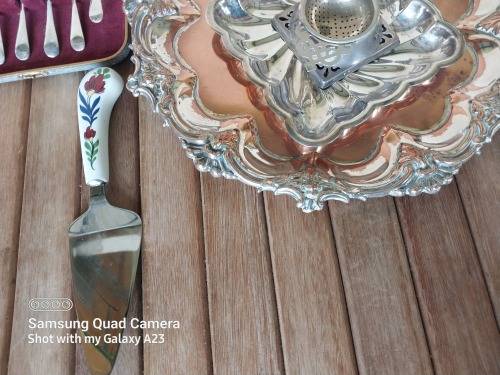 A lot of vintage sliver plated tea spoons ..tray ..tea strainer etc