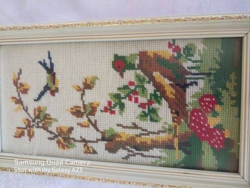 Small bird scene framed tapestry