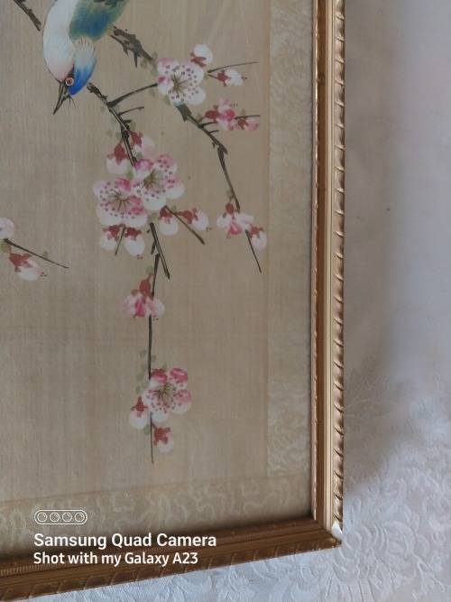 Framed stunning singhed Chinese bird on slik