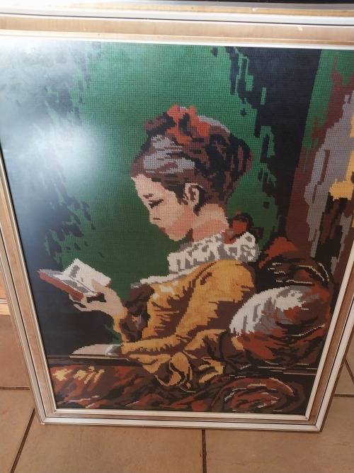 Framed vintage lady scene tapestries reading a book