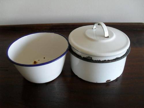 vintage ENAMEL ODDMENTS -LID,  2 x  BOWLS