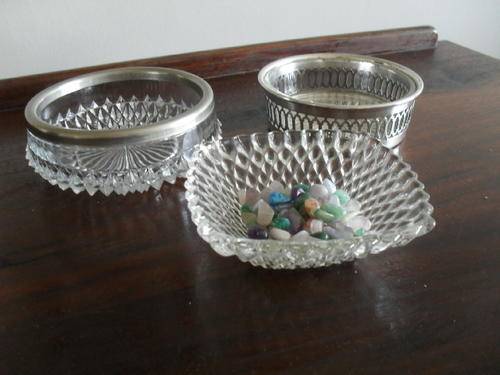 3x  LOVELY GLASS BOWLS -1x SILVER PLATED RIM, 1x SILVER PLATED HOLDER, 1x HOBNAIL with GEMSTONES