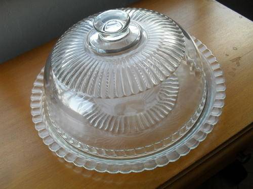 A LOVELY THICK CLEAR GLASS PLATTER AND DOME TO SERVE A DELICIOUS BLACK FOREST CAKE