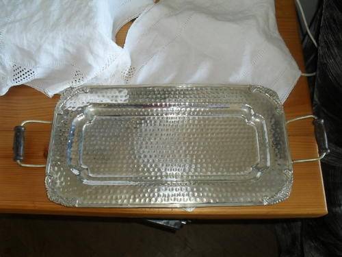 (37)VINTAGE HAMMERED SILVER PLATED TRAY with WOODEN HANDLES -incl handles 54cm x 23cm x 2cm deep