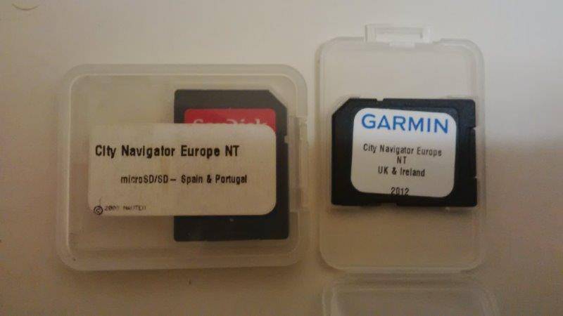 SD Cards For Garmin GPS with (1) map of UK & Ireland, (2) map of Spain & Portugal