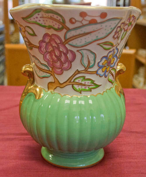 CROWN DEVON VASE - PREWAR- ATTRACTIVE GREEN TO MULTICOLOUR FLORAL TOP - GILDED HANDLES - SEE PICS