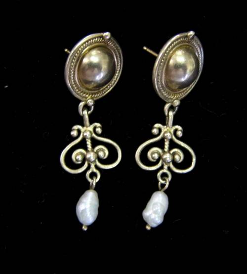 VINTAGE DROP EARRINGS - GOLD ON SILVER WITH FRESH WATER PEARLS - ATTRACTIVE PAIR!