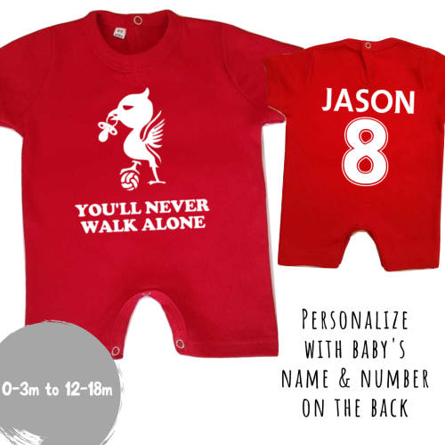 PERSONALISED LIVERPOOL FC Baby Romper with NAME & NUMBER/ You'll Never Walk Alone/ YNWA