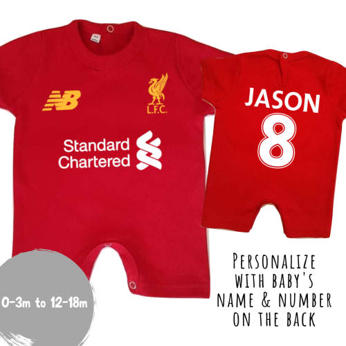 PERSONALISED LIVERPOOL FC Baby Romper with NAME and NUMBER/19/20 Champions Season LFC Kit