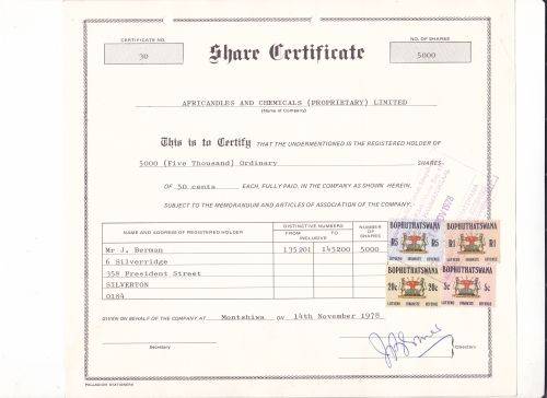 Bophuthatswana Share Certificate scarce usage 14/11/1978.