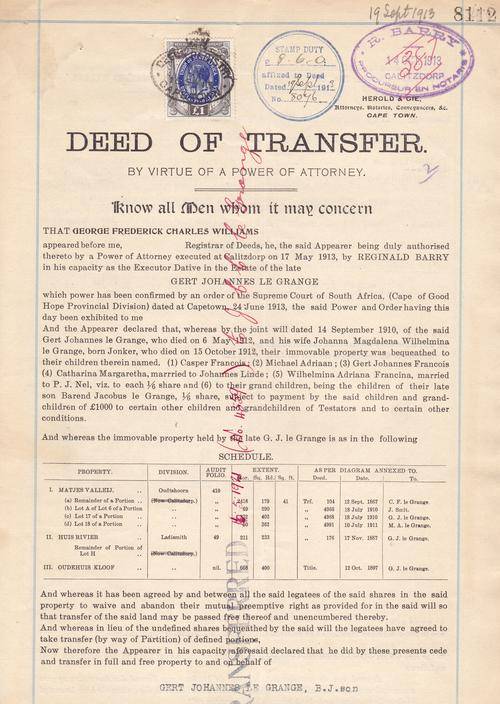 Union George v large format one pound blue on Deed of Transfer 1913.