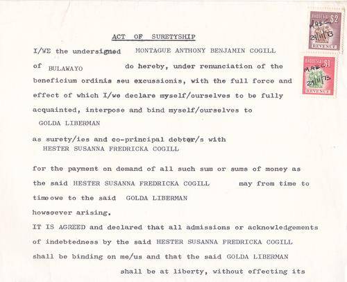 Rhodesia revenue document ACT OF SURETY dated 29 November 1973.