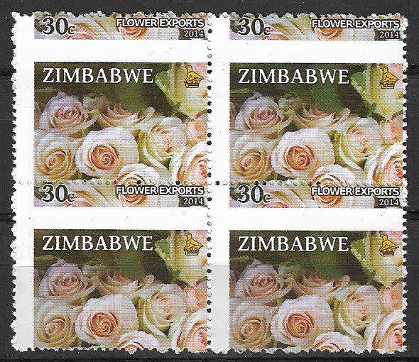 Zimbabwe variety 2014 misperforated 30c block of (x4).