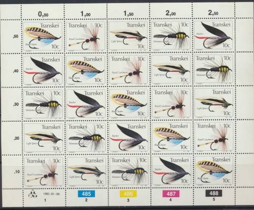 1982 - TRANSKEI  -   FISHING FLIES 10c   FULL SHEET FINE UNMOUNTED MINT.