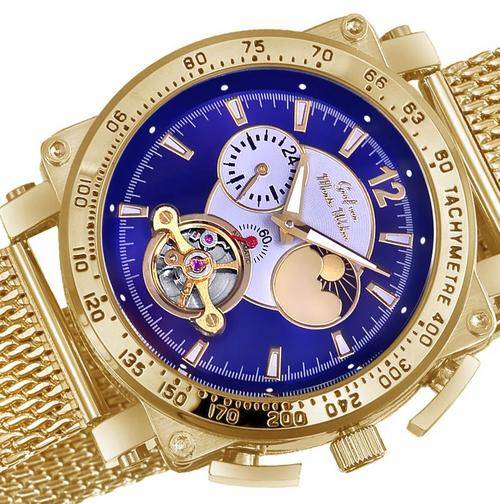 NEW AUTOMATIC GRAF Von MONTE WEHRO "Carson City" Tachymeter Gold/blue Colour Moon Phase