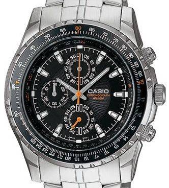 *CASIO CHRONOGRAPH* STAINLESS STEEL, 50M WR,  3 HAND ANALOG, SLIDE RULE BEZEL, AVIATOR WATCH