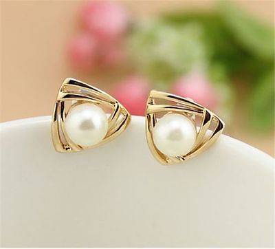 Women's triangle Stud Earrings Gold Filled White Freshwater Pearl