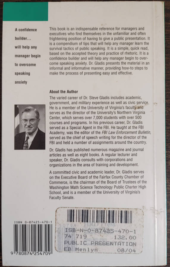 The Manager`s Pocket Guide to Public Presentations by Steve Gladis, Ph.D. - SOFT COVER