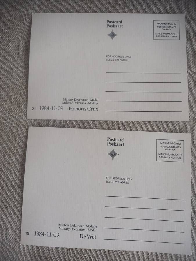 Medal postcards x 4 ( Honoris Crux / Pro Patria / De Wet and John Chard )
