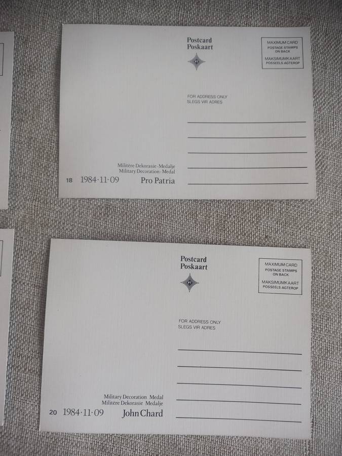 Medal postcards x 4 ( Honoris Crux / Pro Patria / De Wet and John Chard )