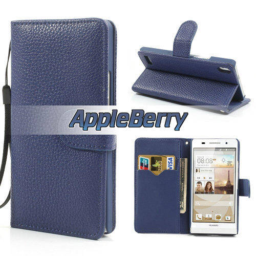 Wallet Stand Case For Huawei Ascend P6 (Blue) + FREE SCREEN GUARD