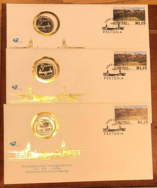 3 X MANDELA INAUGURATION FDC 6.3C WITH ISSUED R5 - AS ISSUED BY P.O. NOT TAMPERED WITH