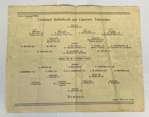 1956 RARE STELLENBOSCH + CAPE TOWN UNI COMBINED vs NEWPORT, WALES played at NEWPORT WALES 9 FEB 1956