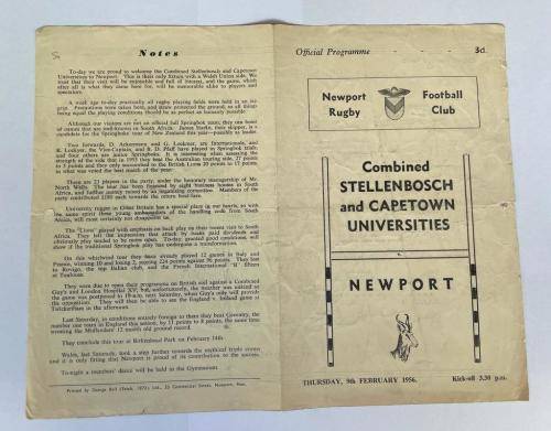 1956 RARE STELLENBOSCH + CAPE TOWN UNI COMBINED vs NEWPORT, WALES played at NEWPORT WALES 9 FEB 1956