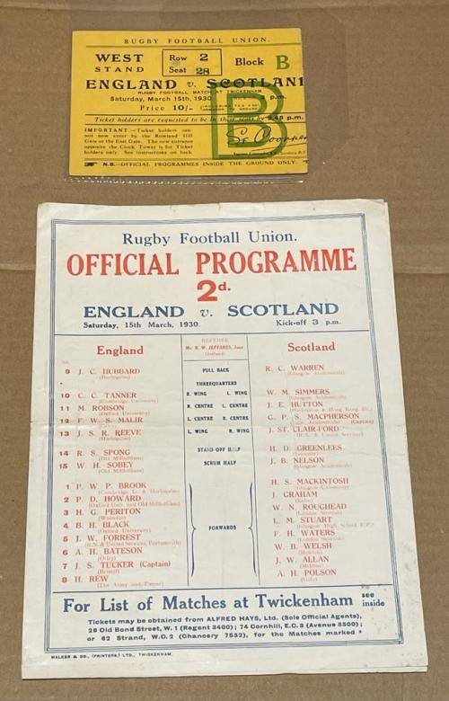 1930 RARE ENGLAND vs SCOTLAND RUGBY PROGRAMME + TICKET 15 MAR 1930 TWICKENHAM, LONDON