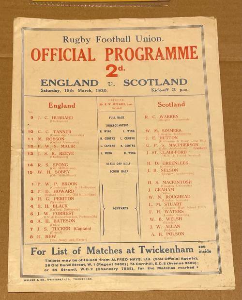 1930 RARE ENGLAND vs SCOTLAND RUGBY PROGRAMME + TICKET 15 MAR 1930 TWICKENHAM, LONDON