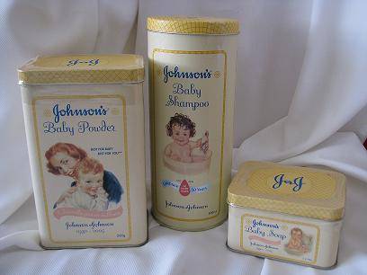 SET OF THREE JOHNSON'S & JOHNSON'S BABY POWDER, SHAMPOO & SOAP TINS